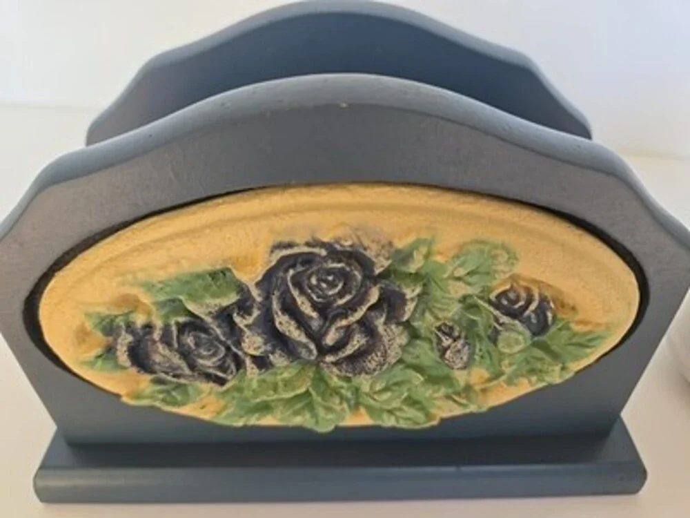 Salt And Pepper Shaker Napkin Holder Set - Blue Rose - RARE